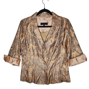 Vintage Gigi Clark Silk Blend Jacquard Gold Silver Top 2 Medium Asian Button Up